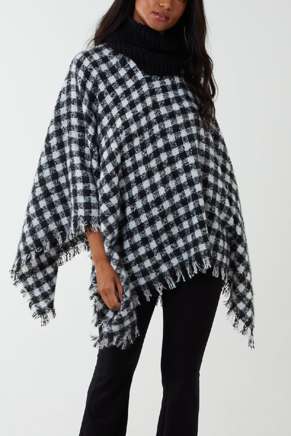 Qed London Plaid Roll Neck Tassel Poncho