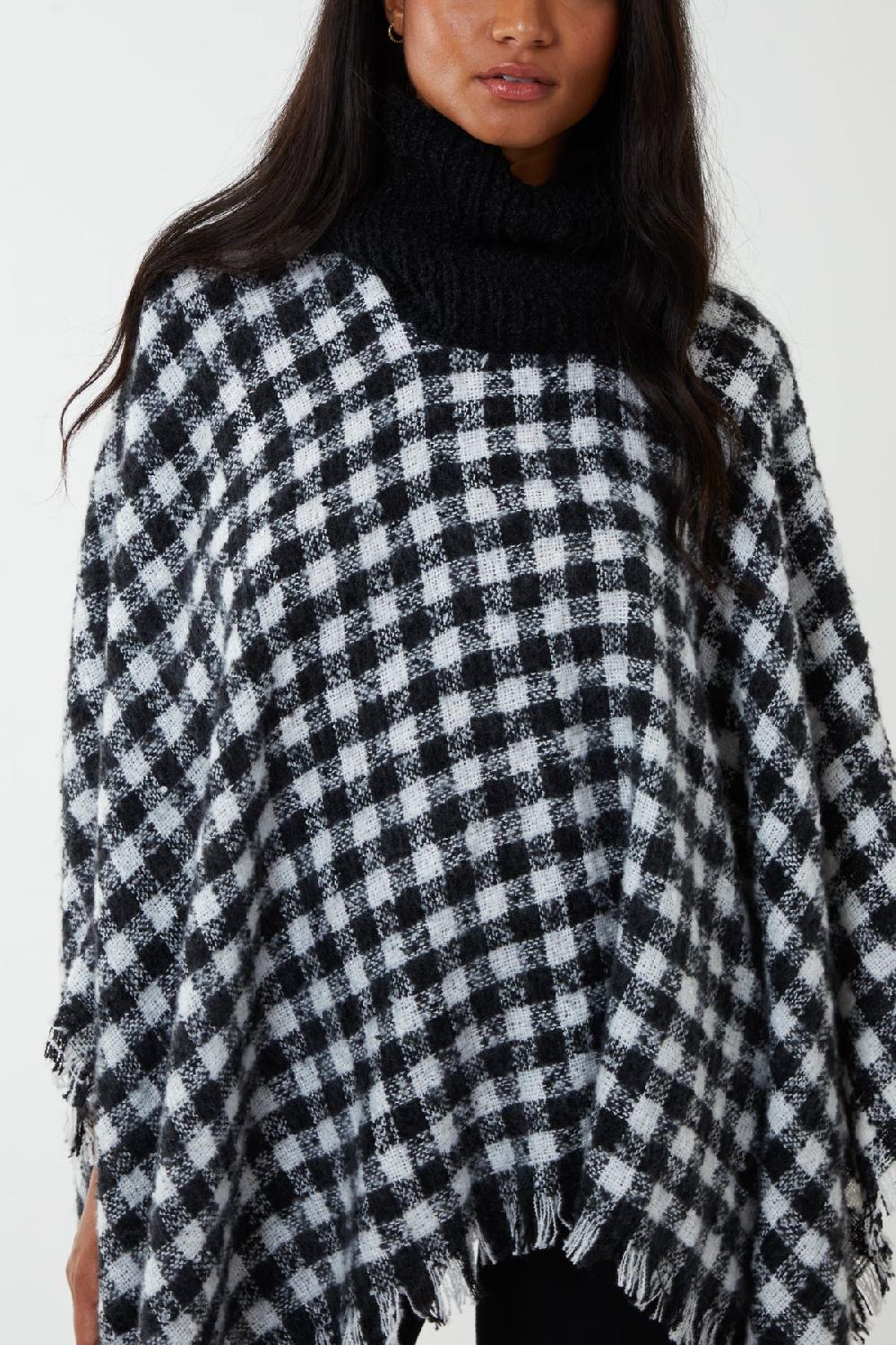 Qed London Plaid Roll Neck Tassel Poncho