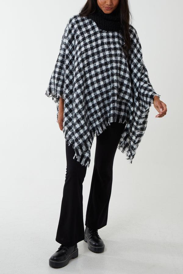 qed london Plaid Roll Neck Tassel Poncho