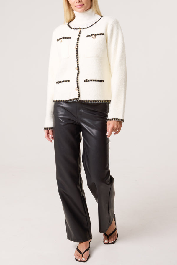 Qed London Plain Knit Contrast Trim Cardigan