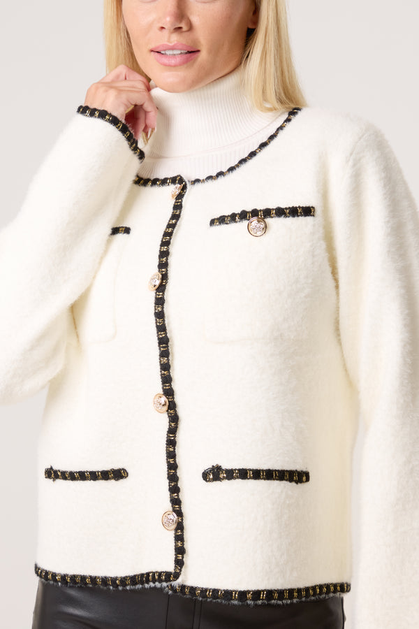 Qed London Plain Knit Contrast Trim Cardigan