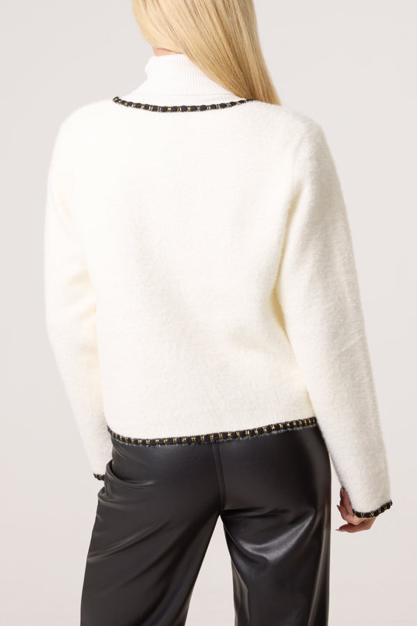 Qed London Plain Knit Contrast Trim Cardigan