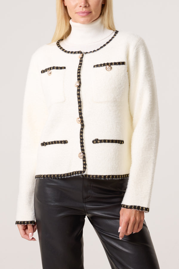 qed london Plain Knit Contrast Trim Cardigan