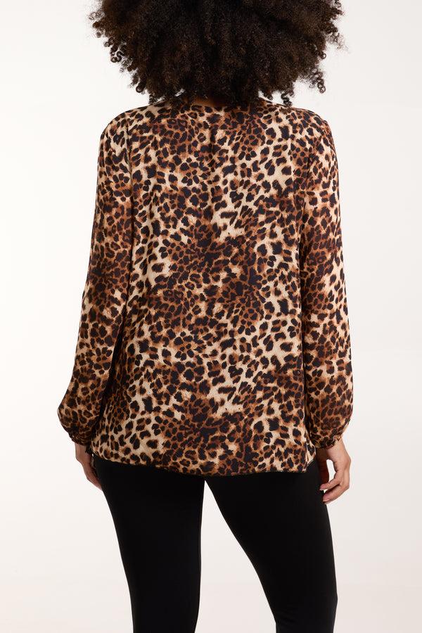 Qed London Pleated Leopard Mesh Top