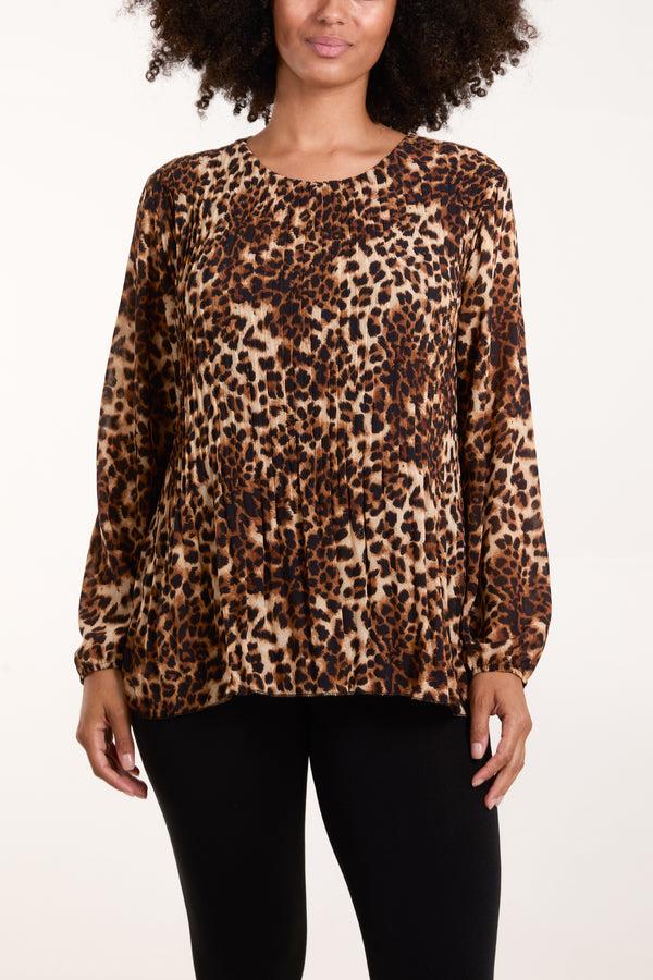 Qed London Pleated Leopard Mesh Top