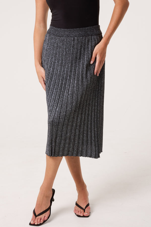 qed london Pleated Lurex Knit Midi Skirt
