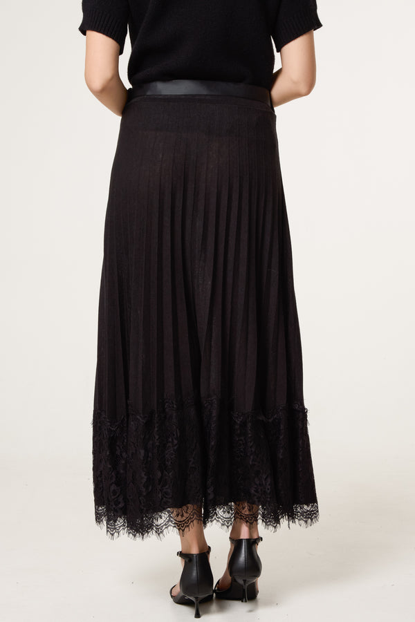 Qed London Pleated Wool Blend Lace Trim Skirt