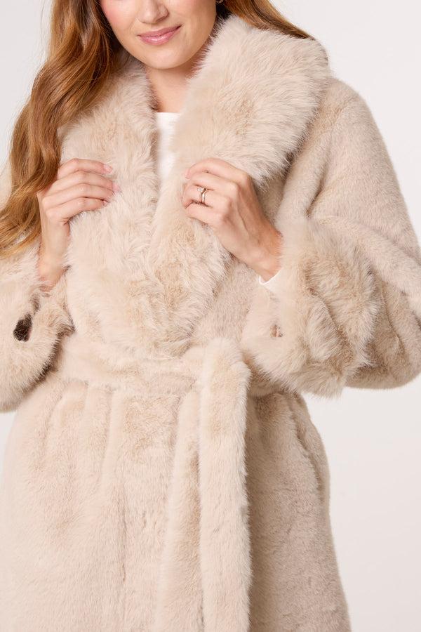 Qed London Plush Faux Fur Belted Coat