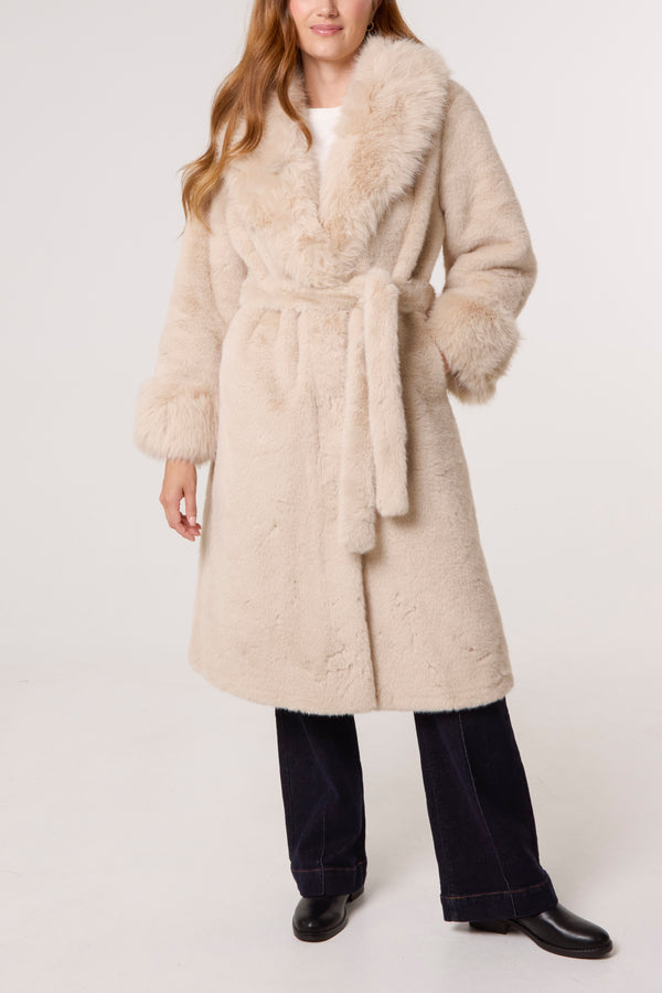 qed london Plush Faux Fur Belted Coat