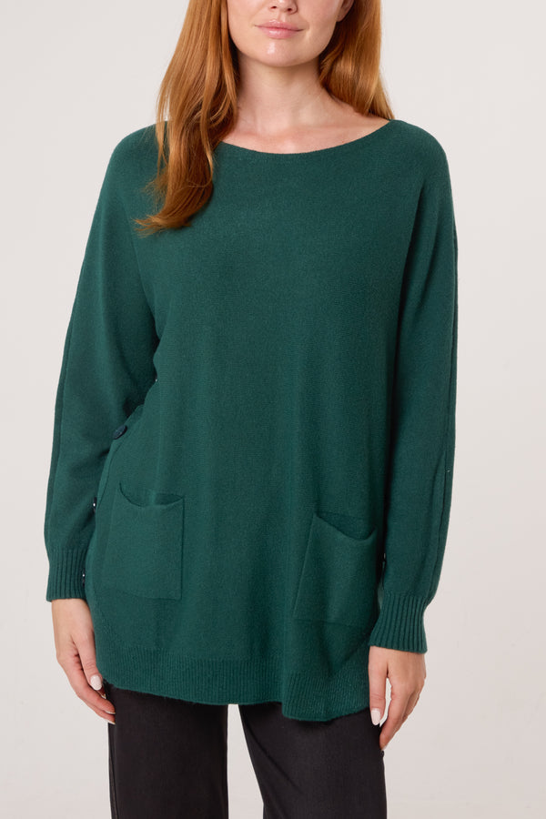 qed london Pocket & Side Button Slash Neck Jumper