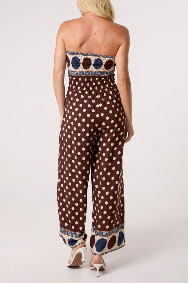 Qed London Polka Dot Bandeau Shirred Jumpsuit