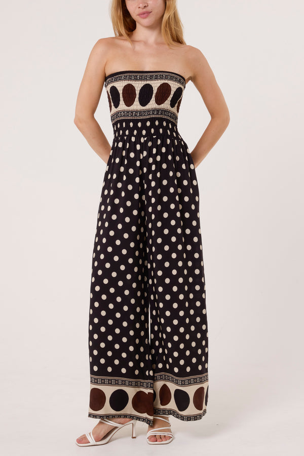 Qed London Polka Dot Bandeau Shirred Jumpsuit