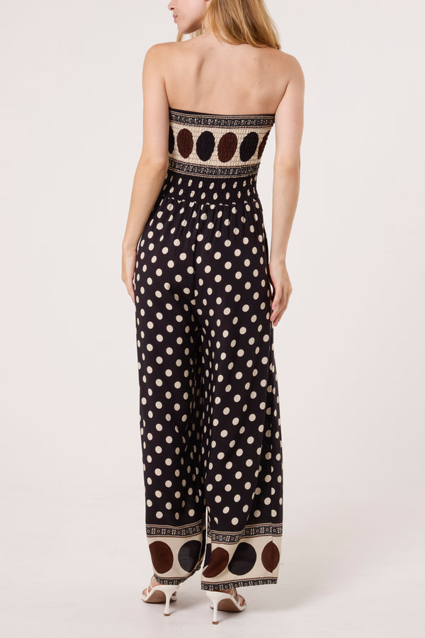 Qed London Polka Dot Bandeau Shirred Jumpsuit