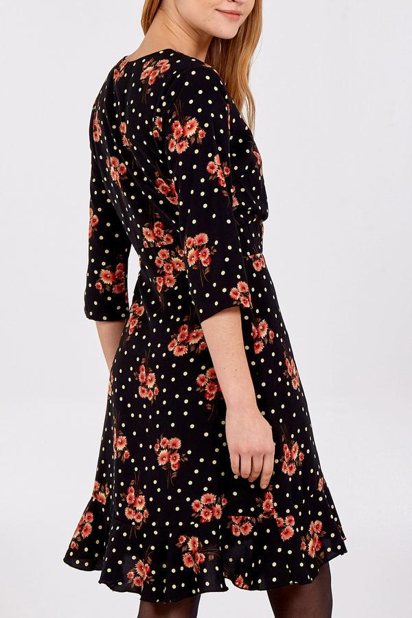 Qed London Polka Dot & Floral Ruffle Tea Mini Dress