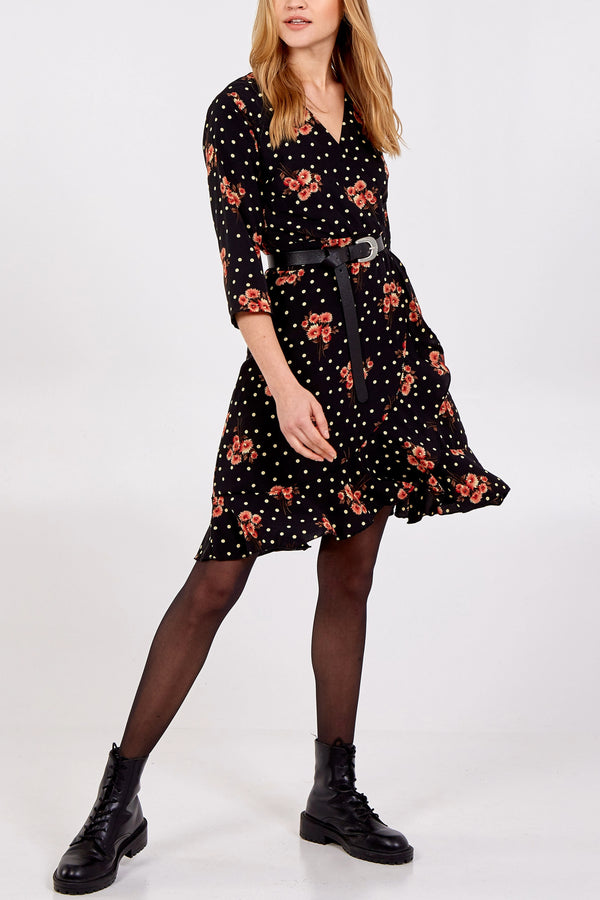 qed london Polka Dot & Floral Ruffle Tea Mini Dress