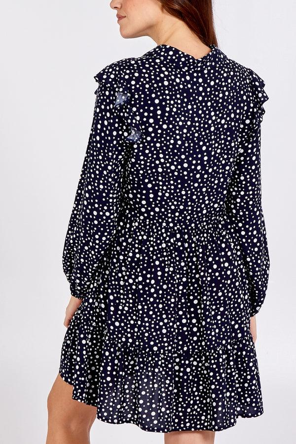 Qed London Polka Dot Frill Shoulder Shirt Dress