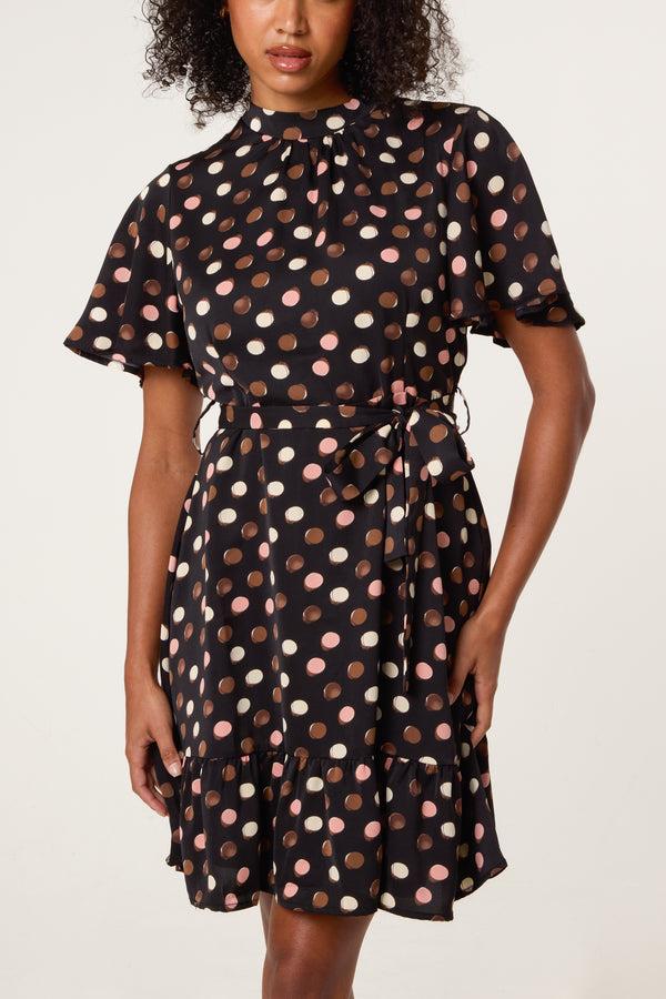 Qed London Polka Dot High Neck Mini Dress