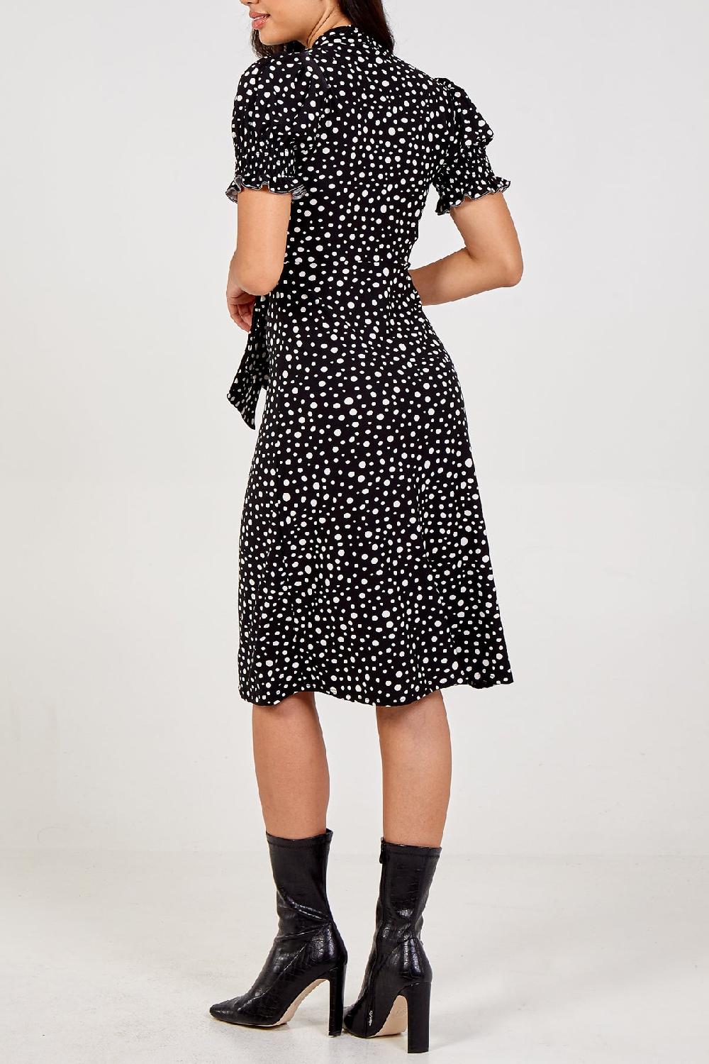 Qed London Polka Dot Pussy Bow Midi Dress
