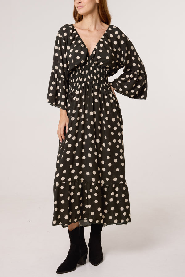 Qed London Polka Dot Shirred Waist Dress