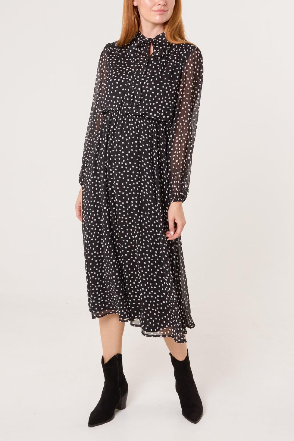 Qed London Polka Dot Tie Neck Midi Dress