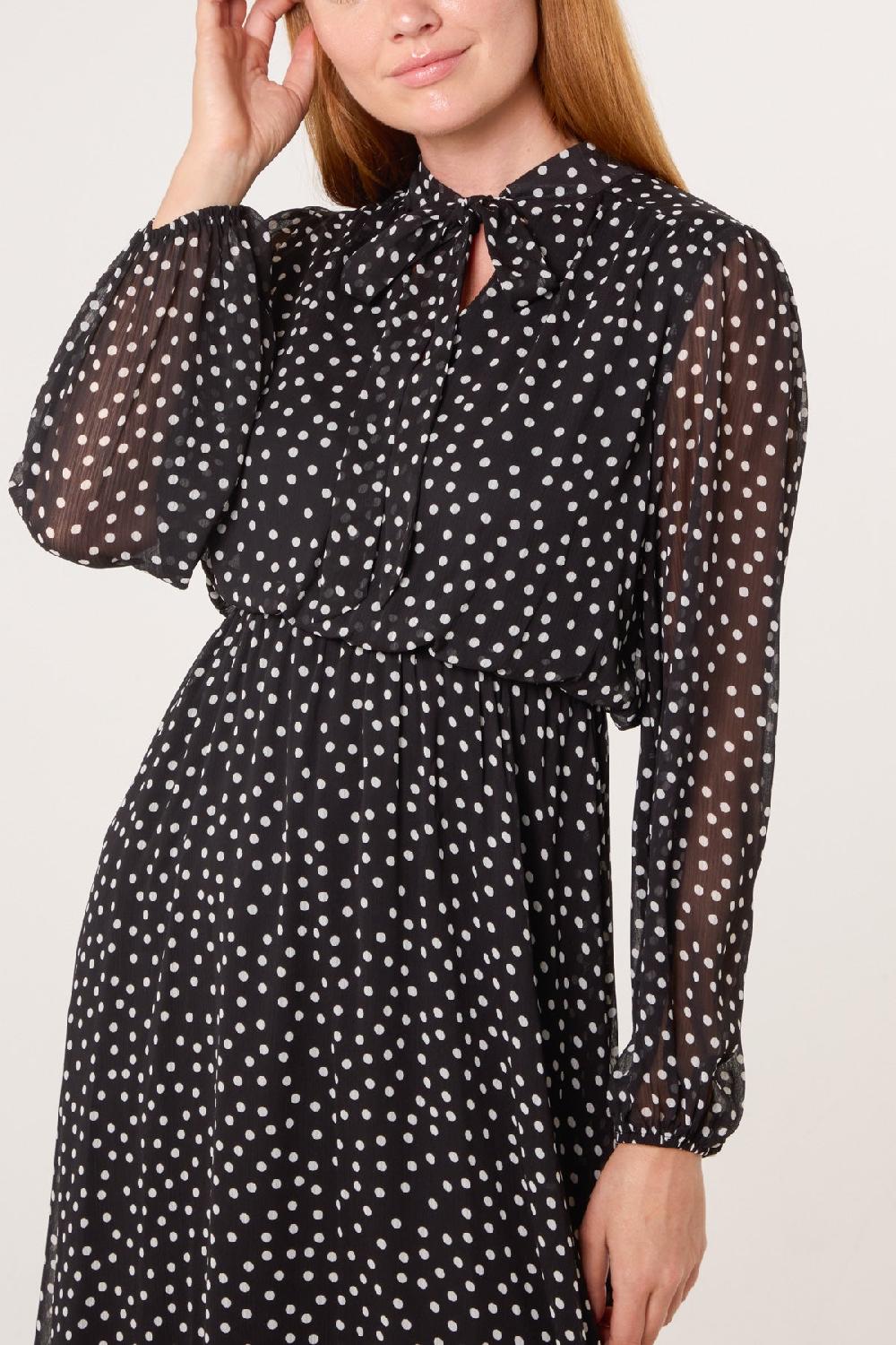 Qed London Polka Dot Tie Neck Midi Dress