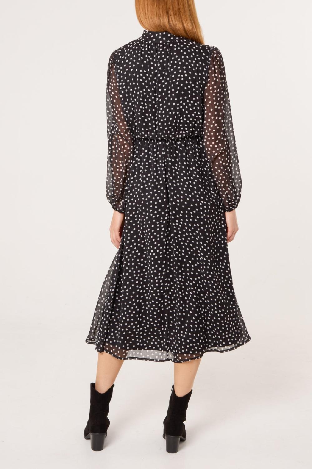 Qed London Polka Dot Tie Neck Midi Dress