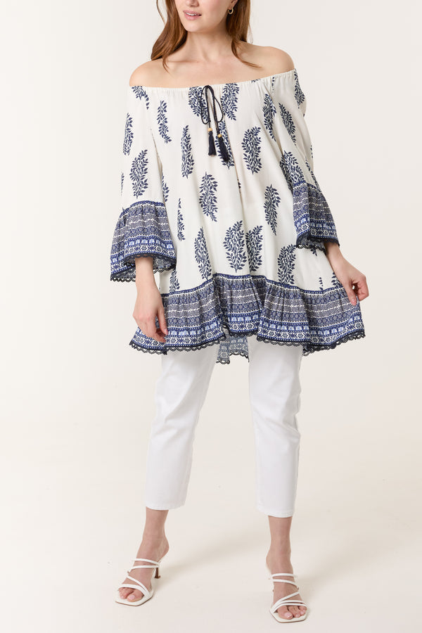 Qed London Printed Bardot Tassel Tunic Top