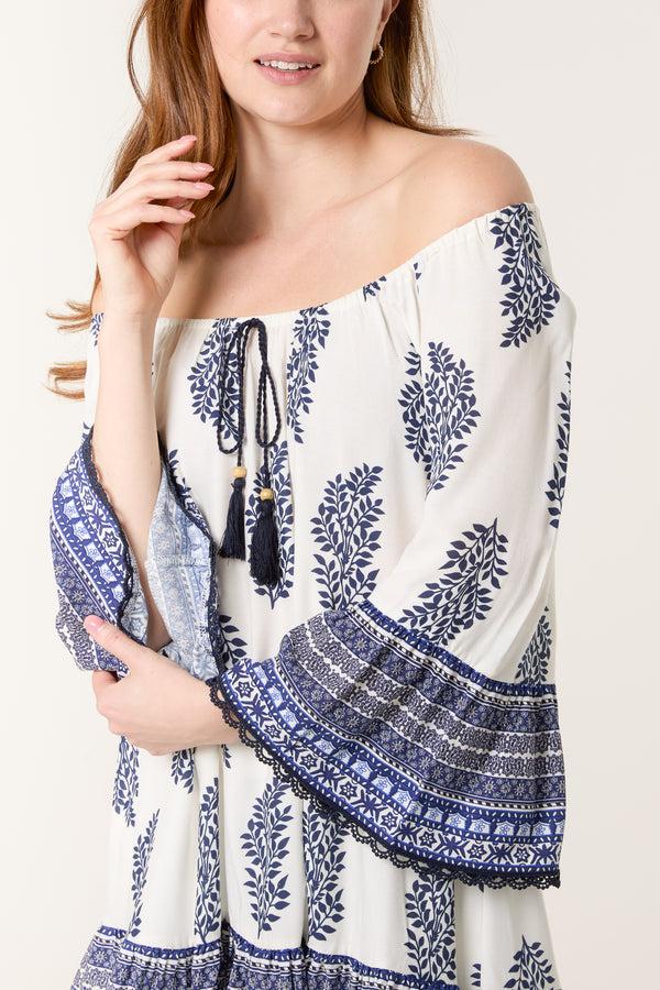 Qed London Printed Bardot Tassel Tunic Top
