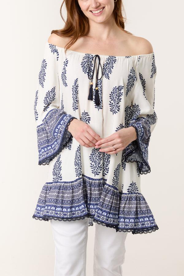 Qed London Printed Bardot Tassel Tunic Top