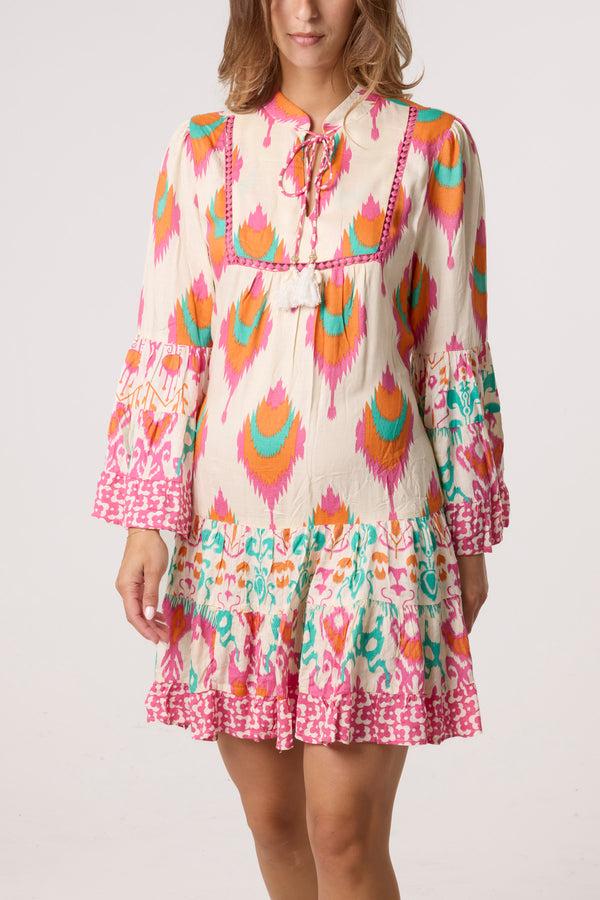 Qed London Printed Bell Sleeve Tassel Collar Dress