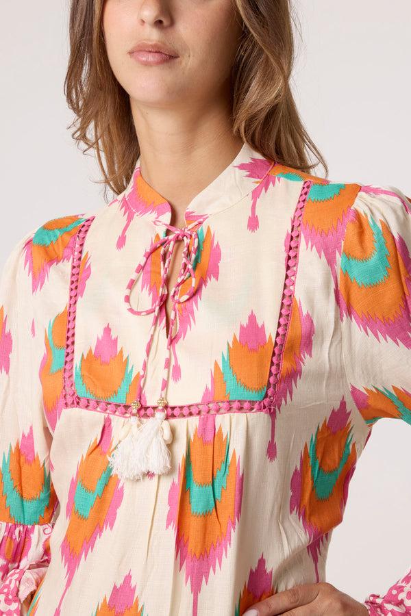 Qed London Printed Bell Sleeve Tassel Collar Dress