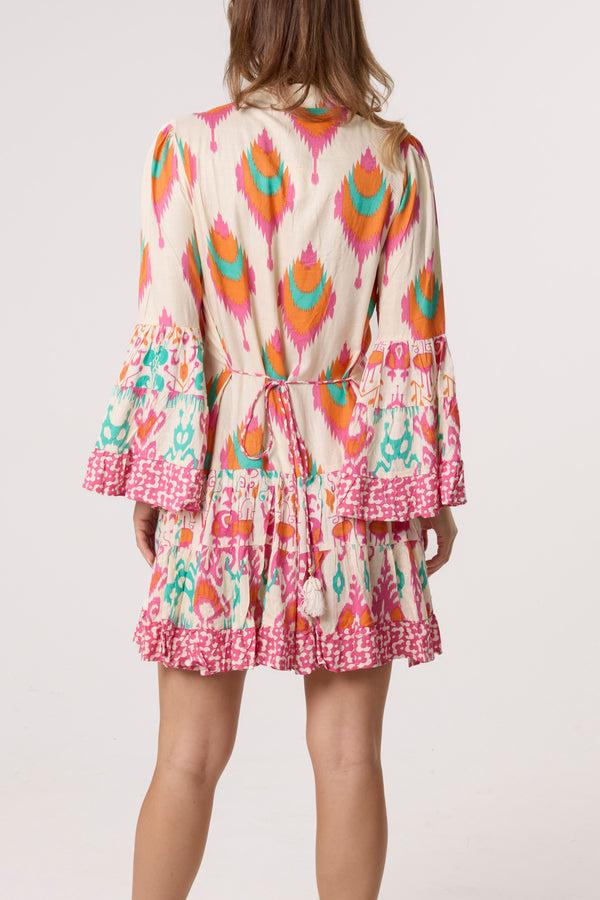 Qed London Printed Bell Sleeve Tassel Collar Dress