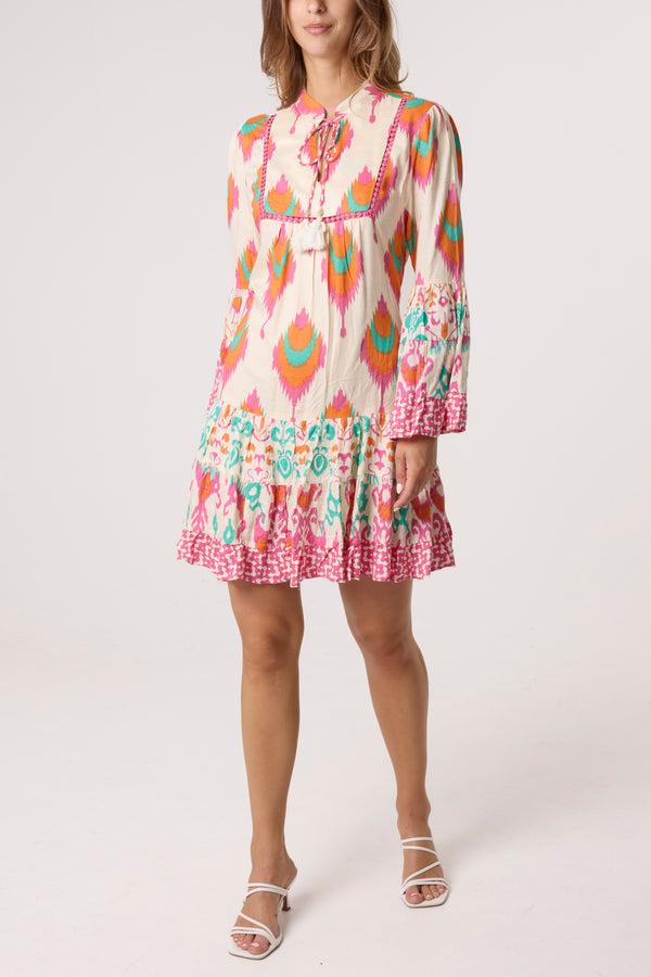qed london Printed Bell Sleeve Tassel Collar Dress