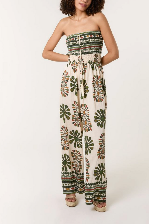 Qed London Printed Shirred Bandeau Jumpsuit