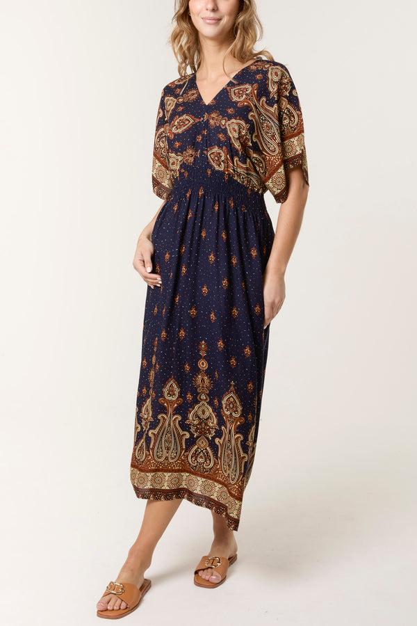 Qed London Printed Shirred Waist Midi Dress