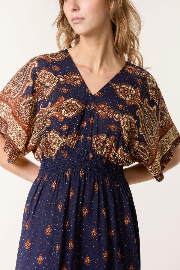 Qed London Printed Shirred Waist Midi Dress