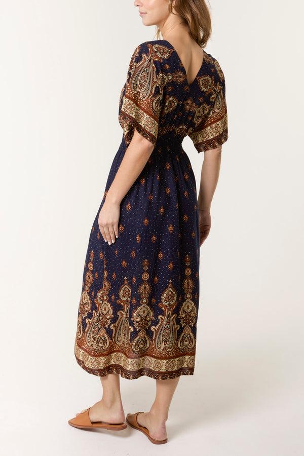 Qed London Printed Shirred Waist Midi Dress