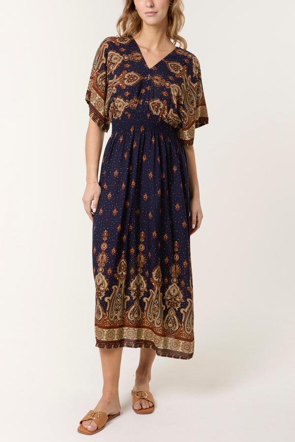 qed london Printed Shirred Waist Midi Dress