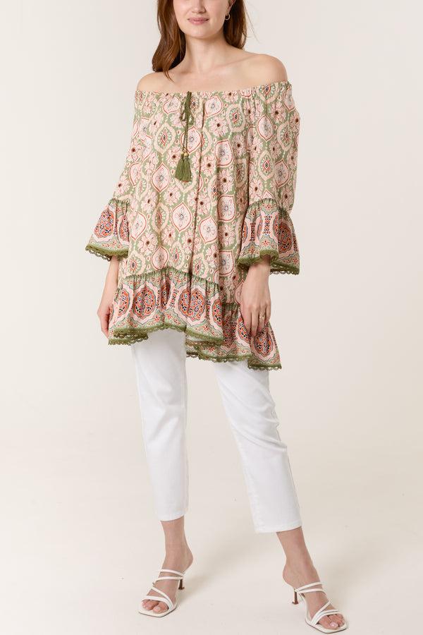Qed London Printed Tassels Bardot Tunic Top