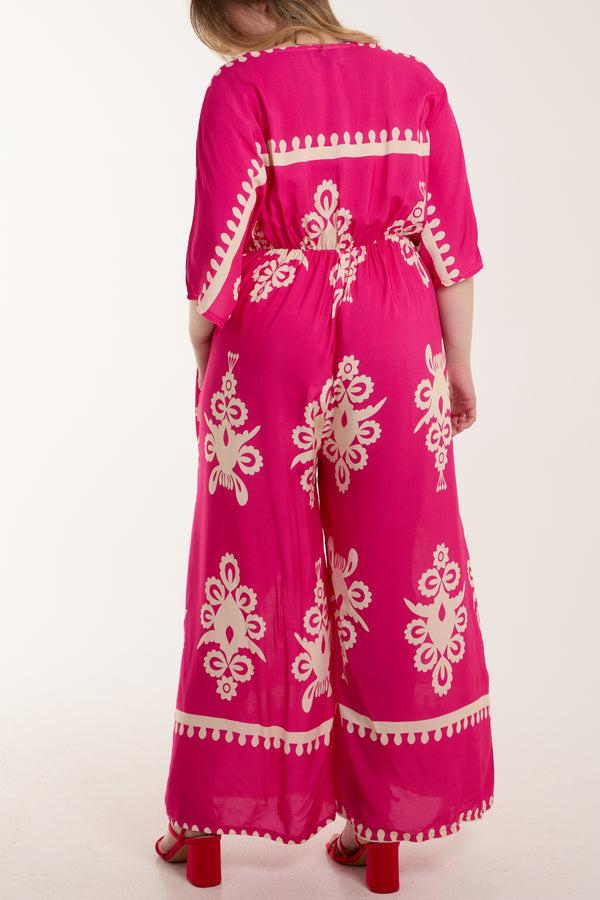 Qed London Printed V-Neck Wide Leg Jumpsuit