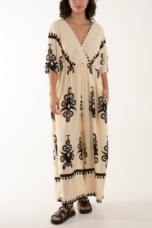 Qed London Printed V-Neck Wide Leg Jumpsuit