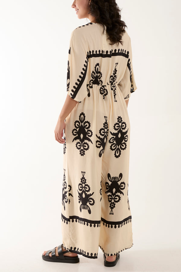 Qed London Printed V-Neck Wide Leg Jumpsuit