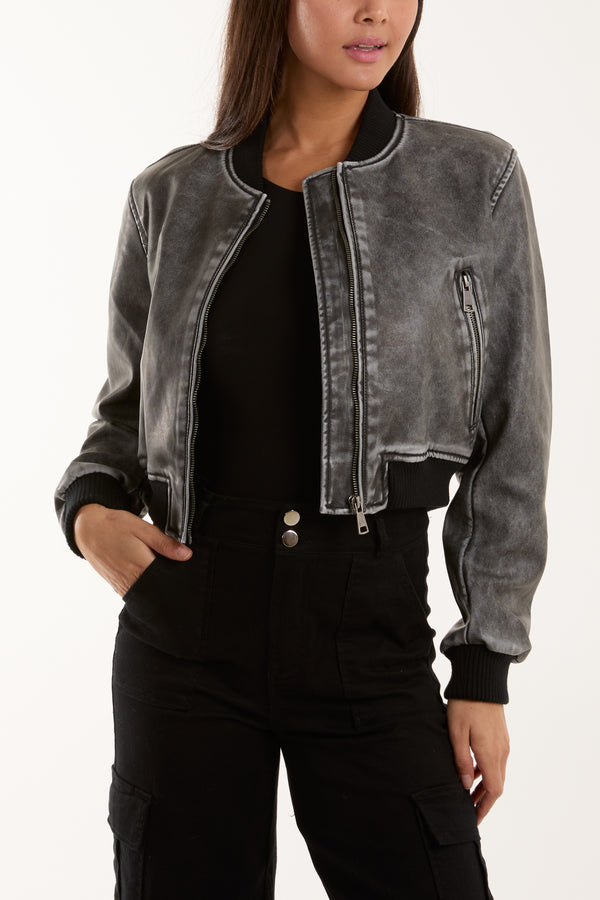 Qed London PU Cropped Zip Bomber Jacket