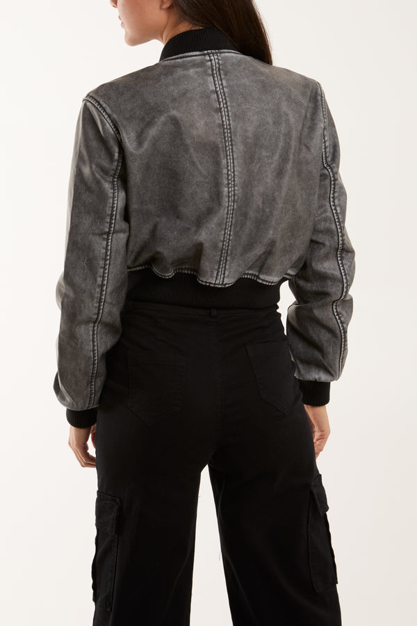 Qed London PU Cropped Zip Bomber Jacket