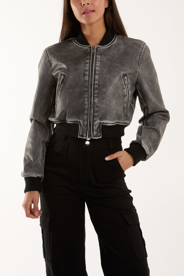 qed london PU Cropped Zip Bomber Jacket