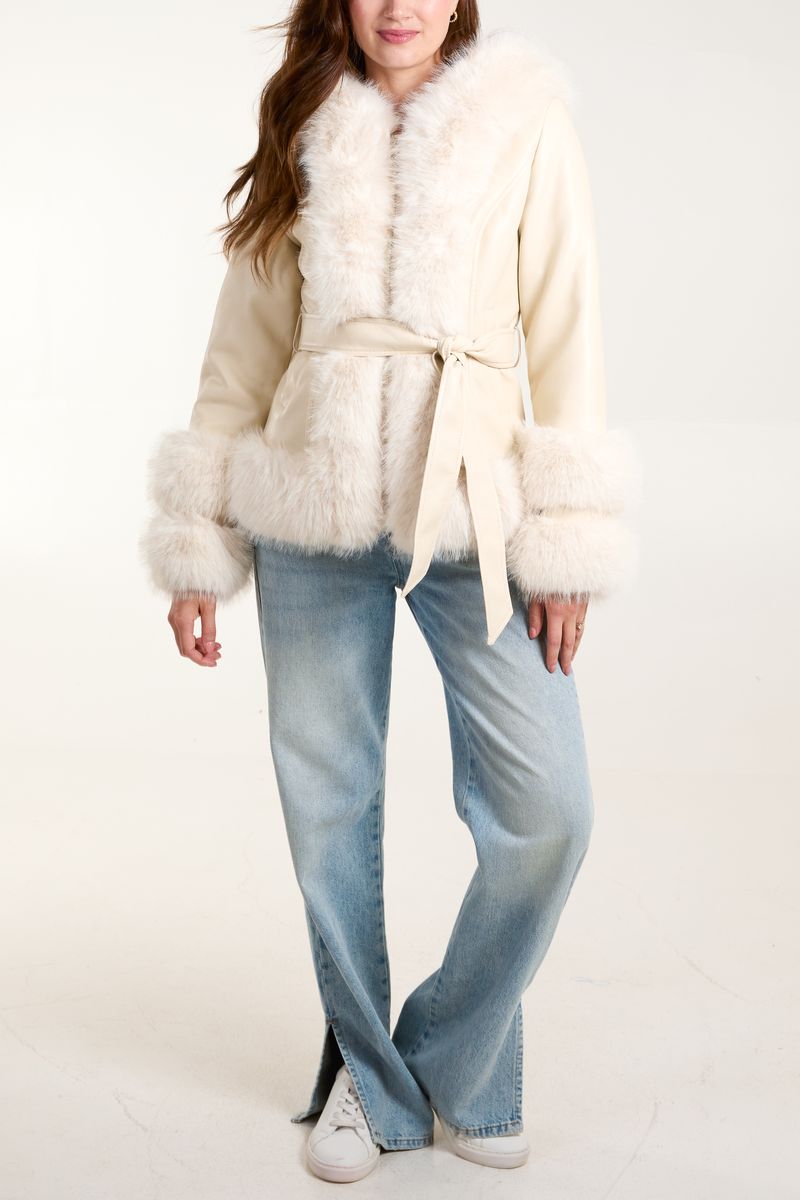 Qed London Pu & Faux Fur Zip & Belted Peplum Jacket