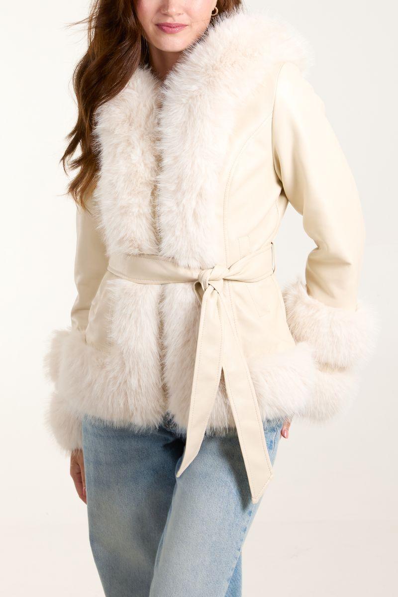 Qed London Pu & Faux Fur Zip & Belted Peplum Jacket