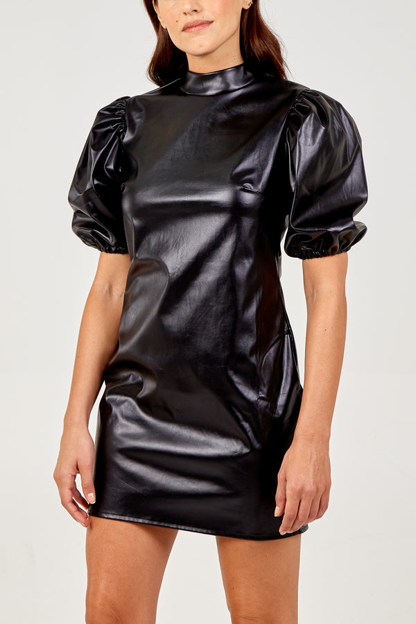 qed london PU High Neck Balloon Sleeve Dress