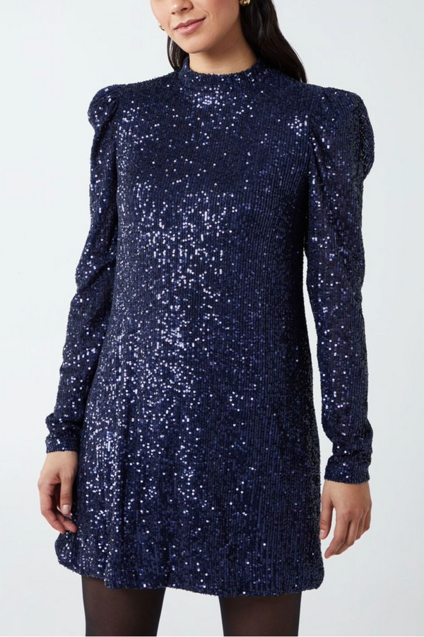 Qed London Puff Shoulder Sequin Swing Dress