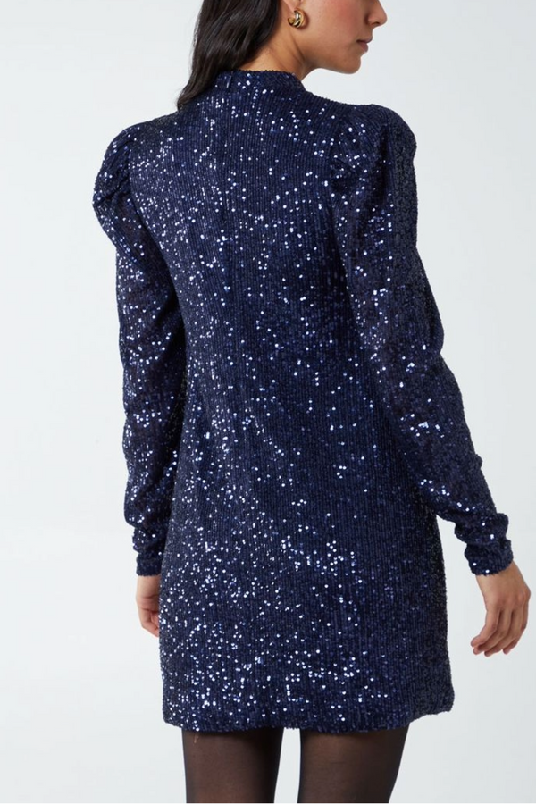 Qed London Puff Shoulder Sequin Swing Dress